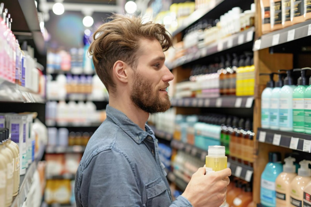 A person examines various shampoo and conditioner bottles on shelves in a beauty store aisle, holding a bottle of liquid.