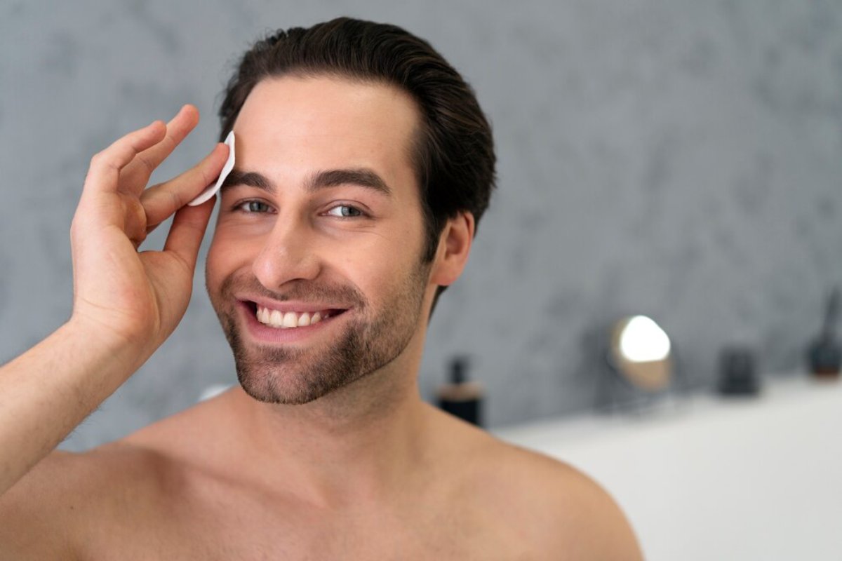 A shirtless man poses with his hand near his face against a textured gray wall, with grooming products displayed in the background.