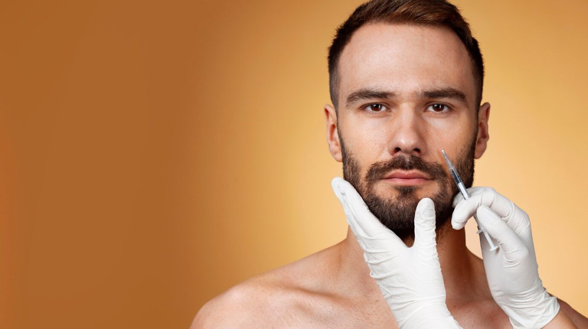 A person in a medical setting receives treatment, with a gloved hand gently touching the jawline against a warm orange background.