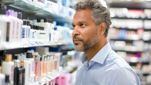 A man in a light blue shirt stands thoughtfully in front of a shelf filled with various bottles of skincare and fragrance products.
